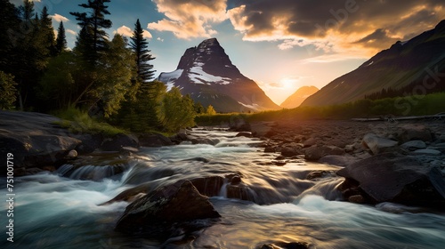 Panorama of a mountain river in Glacier National Park, Montana.