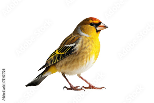 Finch bird full body, isolated on white background, high-quality stock photo, crisp feather details, soft shadow beneath, vibrant yellow and brown plumage, neutral white space allowing for text © ramses