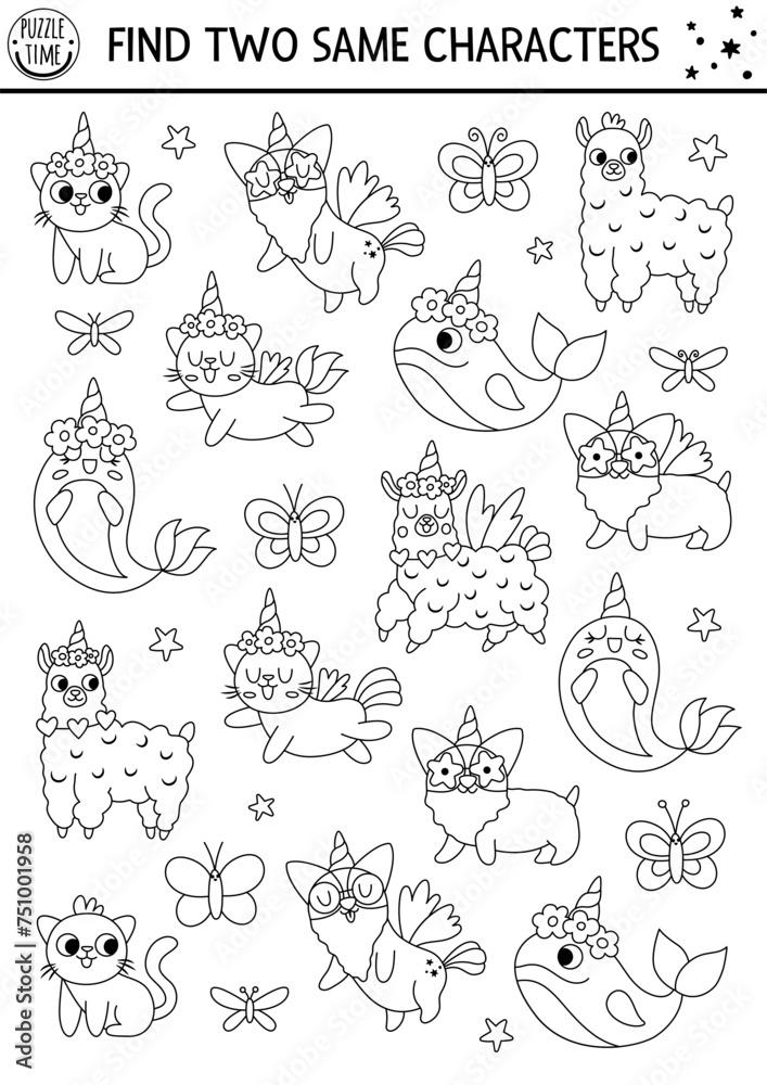 Find two same unicorn animals. Magic world black and white matching activity for children. Fantasy or fairytale educational line quiz worksheet for kids. Simple printable game or coloring page.