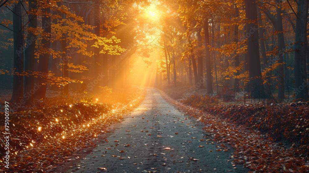 Forest Road Under Sunset Sunbeams. Lane Running Through The Autumn Deciduous Forest At Dawn Or Sunrise. Toned Instant Photo.