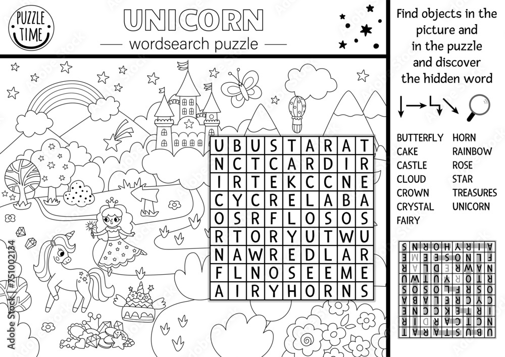Vector black and white unicorn wordsearch puzzle for kids. Simple word search quiz with fantasy country landscape. Educational activity with castle, rainbow, fairy. Cross word coloring page.