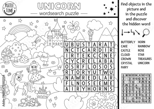 Vector black and white unicorn wordsearch puzzle for kids. Simple word search quiz with fantasy country landscape. Educational activity with castle, rainbow, fairy. Cross word coloring page.