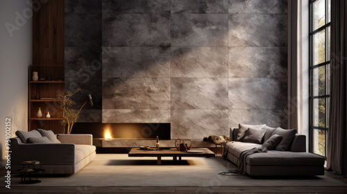 A stylish living room featuring textured wall finishes in shades of grey and brown