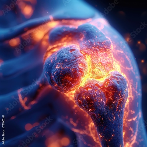 
Perfect creative image for advertising consultations on frozen shoulder pain. Localized pain area illuminated. Energy healing. Neon illustration photo