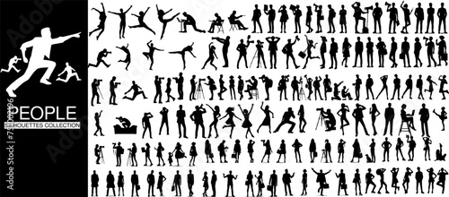 a collection of silhouettes of people, featuring a variety of poses and activities in elegant minimalist art