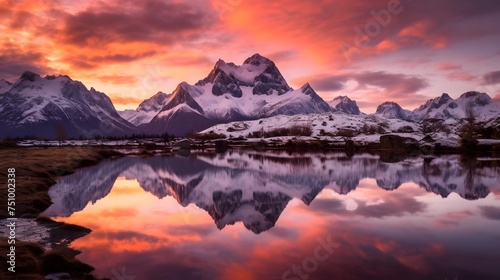 Panoramic view of snowy mountains reflected in water at sunset.