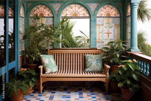 Coastal Balcony Bliss: Intricate Tilework, Greenery, and Wooden Bench Haven