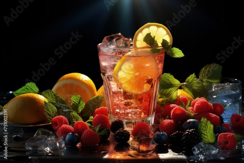 Quenching summer thirst  vibrant fruity drinks on ice  a refreshing blend of citrus  tropical flavors  and coolness for a perfect summer chill-out  deliciously tempting and visually appealing.