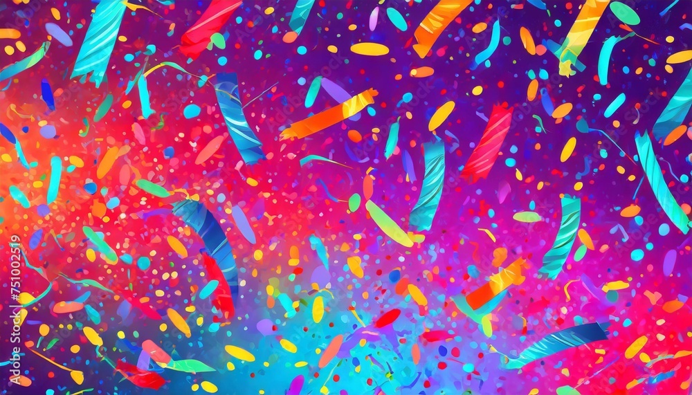 a festive and colorful party with flying neon confetti on a purple red and blue background