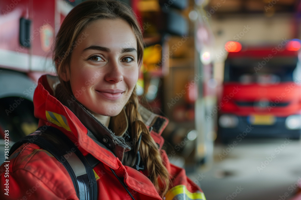 Portrait of a female firefighter, copy space woman and emergency heroine with fire trucks Portrait of a female firefighter, copy space woman and emergency heroine with fire trucks
