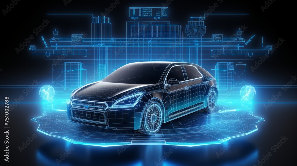 Futuristic electric car with holographic wireframe digital technology background