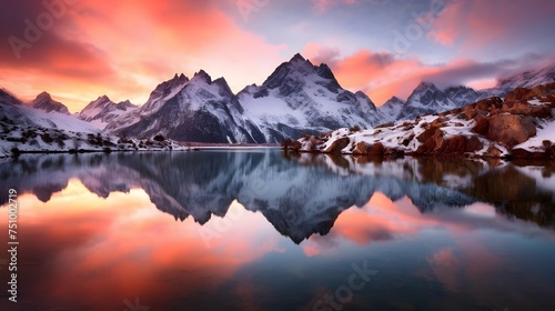 Panoramic view of snowy mountains and lake at sunset, Switzerland #751002719