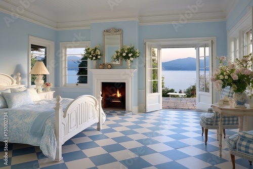 Sea-View Coastal Bedroom with Traditional Checkerboard Floors and Light Blue Walls