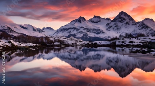 Panorama of snow-capped mountains reflected in a lake at sunset
