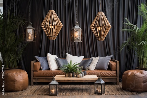 Coastal Boho Lounge: Metal and Leather Seating with Draped Fabrics and Lantern Lighting