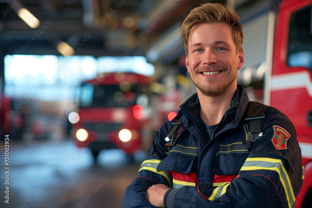 Portrait of a male firefighter, young hero in a garage with fire trucks for copy space Portrait of a male firefighter, young hero in a garage with fire trucks for copy space