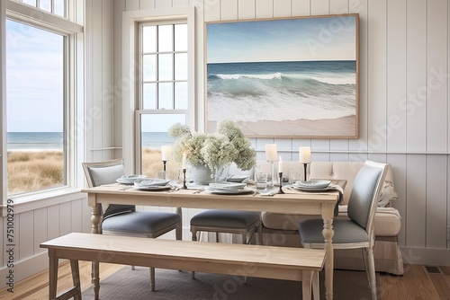 Coastal Cottage Dining Room: Beach Artwork, Light Woods, Serene Colors Inspiration © Michael