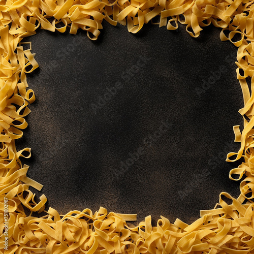 Uncooked tagliatelle pasta forming a border on a dark surface.