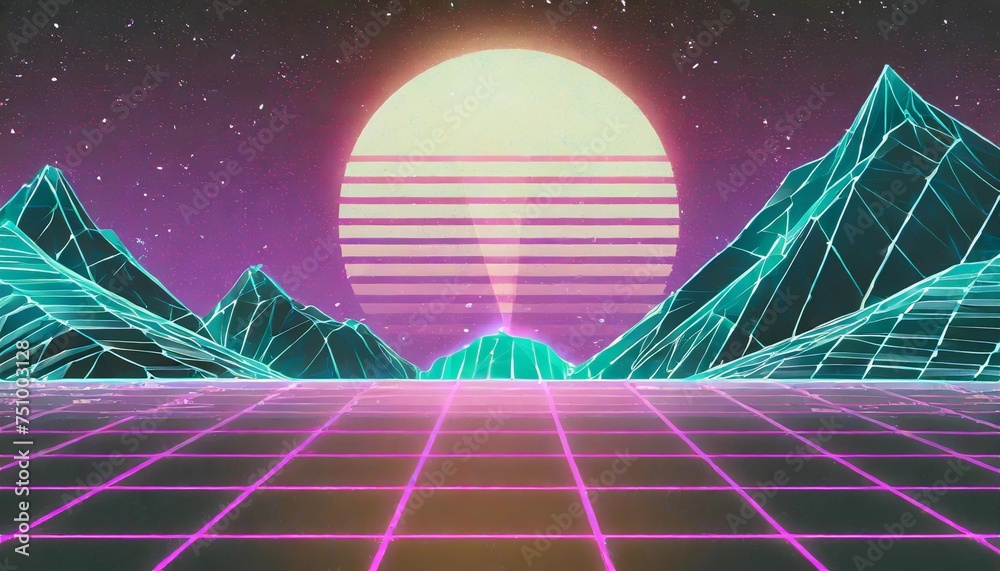 retro futuristic background 1980s style digital landscape in a cyber ...