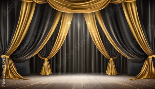 the empty background is a theater stage with black gold velvet curtains backstage under spotlights and spotlights