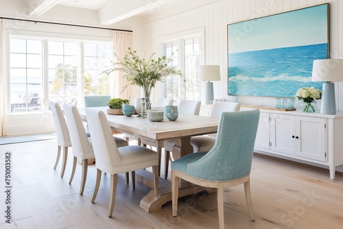 Turquoise Beachy Vibes: Coastal Cottage Dining Room Ideas with White Table and Chairs