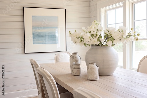 White Shiplap Walls: Coastal Cottage Dining Room Ideas with Driftwood Centerpiece