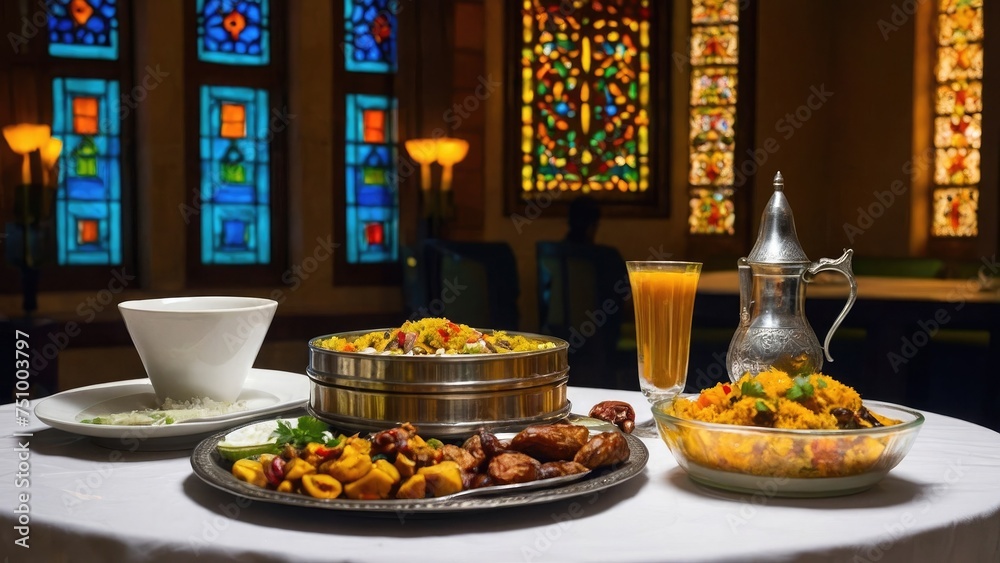 holy Ramadan iftar foods in a table at sunset time background photo