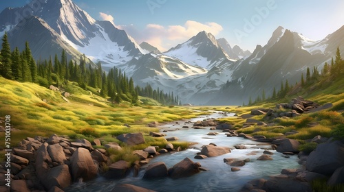 Panoramic view of beautiful alpine landscape with mountain river in the foreground. © Iman