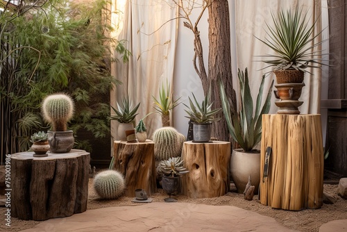 Vintage Stone Fountains: Coastal Courtyard Oasis with Desert Plant and Rug Accents, Tree Stump Nightstands