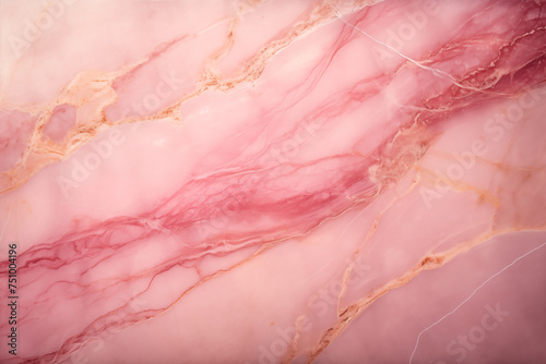 Detailed closeup showcasing the intricate patterns of pink and gold marble. Marble background or backdrop. Pink stone with pronounced golden veins.