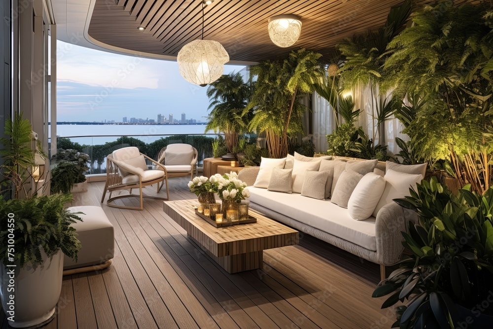 Fototapeta premium Modern Coastal Living: Gold and Crystal Chandeliers, Smart Furniture, and Urban Garden Balcony Ideas.