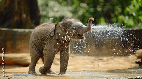 A playful baby elephant spraying water