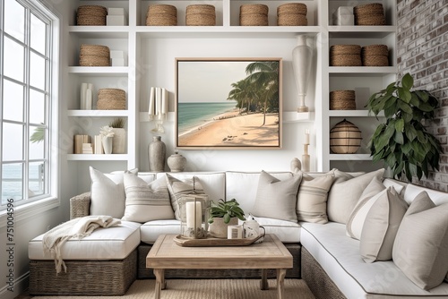 Coastal Home Interior: Exposed Brick Wall Designs & White Shelving with Seaside Decor Display