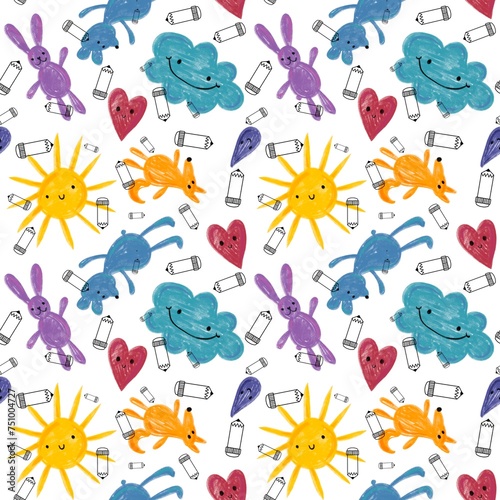 Cartoon scribble animals seamless bears and rabbit and fox and sun and clouds pattern for wrapping paper and kids