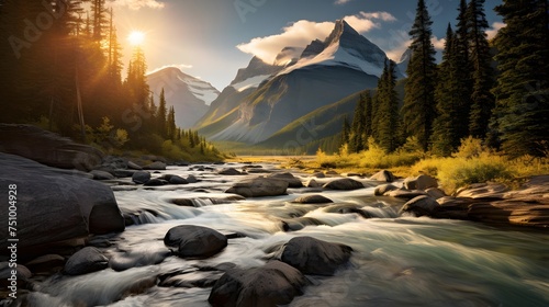 Panoramic view of the mountain river in the Canadian Rockies at sunset