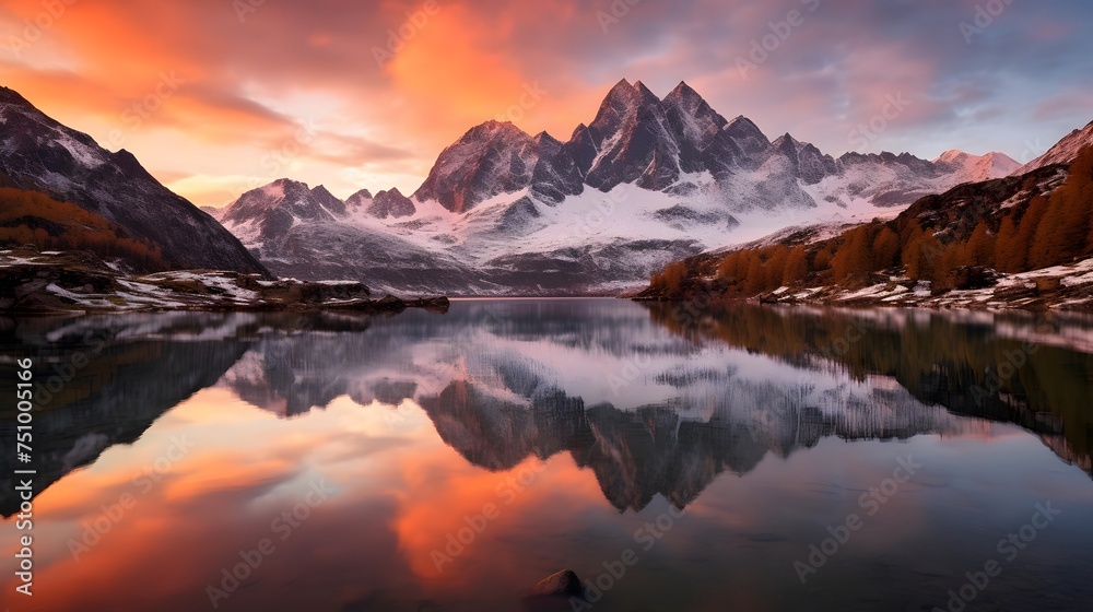Panoramic view of snow-capped mountains and lake at sunset