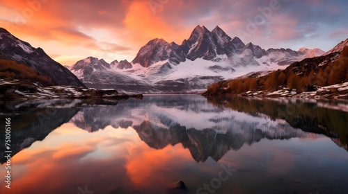 Panoramic view of snow-capped mountains and lake at sunset © Iman