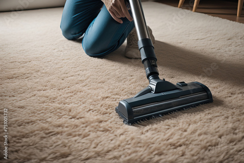 Sprzątanie domu, czyszczenie podłogi odkurzaczem.