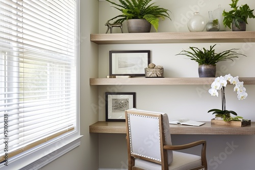 Coastal Style Home Office: Wall-Mounted Shelves with Luxe Fern and Orchid Accents © Michael