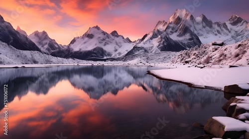 Beautiful winter panorama with frozen lake and snowy mountains at sunset
