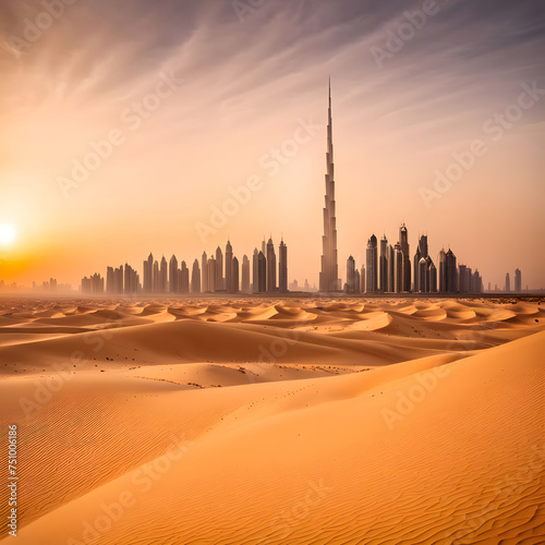 Step into the surreal world crafted by AI: Experience the awe-inspiring sight of the Dubai skyline set against the backdrop of a desert sunset, where the city's skyscrapers reach towards the heavens