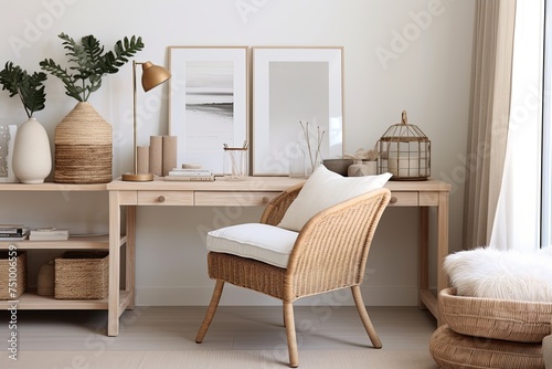 Rattan Lamp Coastal Vibe Living Room: Clutter-Free Desk Inspirations with Soft Light