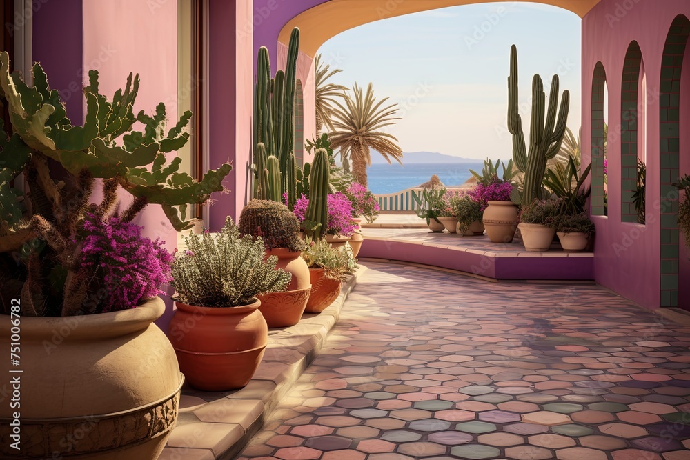 Coastal Villa Oasis: Lavender and Rose Planters with Wave-Patterned Tiles and Desert Plant Accents