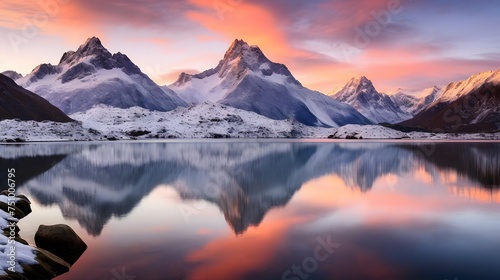 Beautiful panoramic view of snowy mountains reflected in lake at sunrise