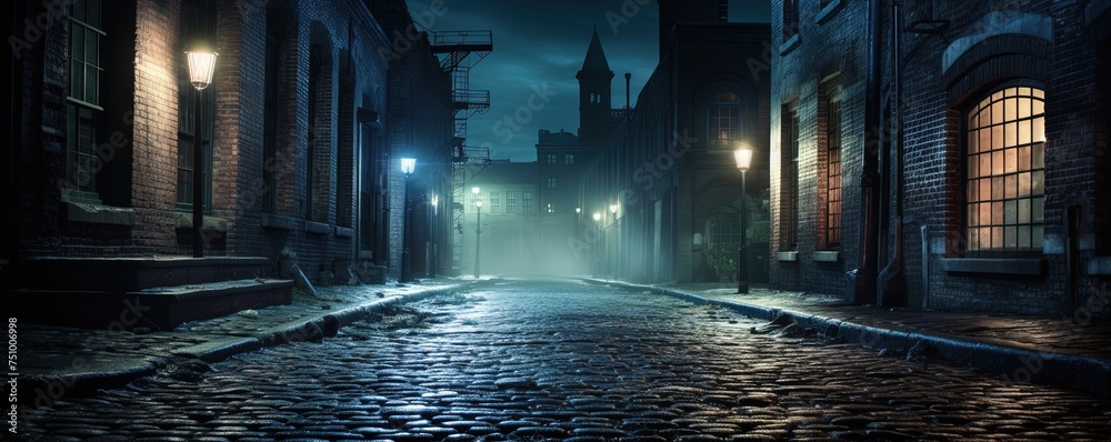 Dark and scary vintage cobblestone brick city alley at night in Chicago