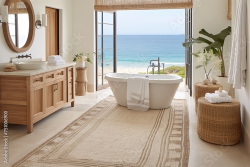 Seaside Serenity  Coastal Bathroom Oasis with Natural Fiber Rugs  Bathtub Views  and Wooden Vanities