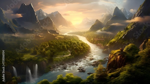 Panoramic view of the mountain river and the waterfall at sunset © Iman