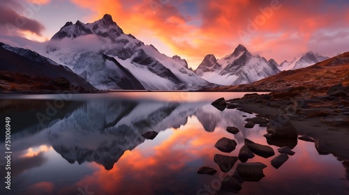 Panoramic view of snow-capped mountain peaks reflected in lake at sunset © Iman