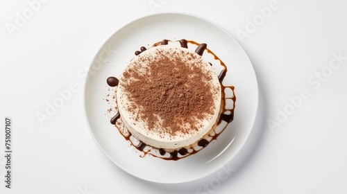 White round plate showcasing tiramisu dessert featuring mascarpone, coffee, and chocolate flavors, against a white backdrop, viewed from above