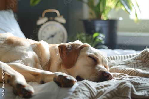 A peaceful scene unfolds as a labrador dog sleeps soundly next to an alarm clock on a cozy bed in an apartment. capturing relaxation and tranquility. photo